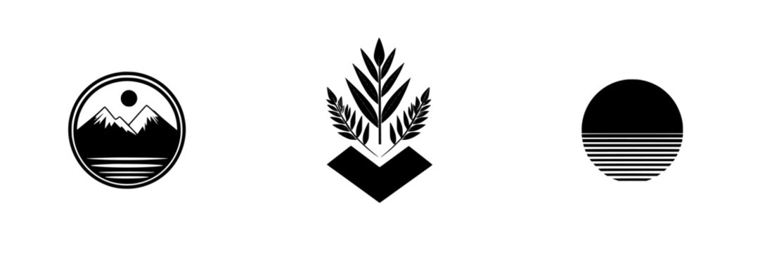 Various minimalist logo designs featuring nature elements and geometric shapes conveying tranquility and simplicity