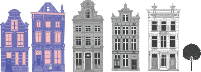 Colorful digital illustration of traditional European houses with decorative facades and large windows, urban city architecture design concept background