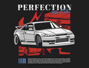 street style 90s graphic image with Japanese car and background illustration