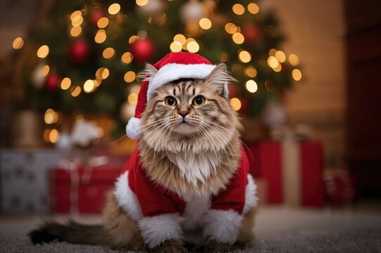 A feline dressed in festive attire enjoying a Christmas midnight celebration