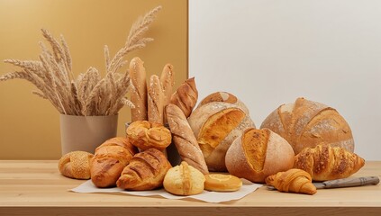 Assortment of baked goods arranged on a tabletop with golden and white tones, including bread and pastries, representing a healthy breakfast and bakery items