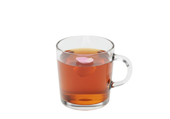 Isolated glass teacup with tea and pink rose petal floating on top drink, no background