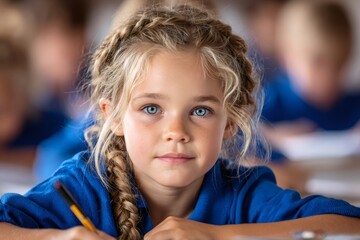 Blonde schoolgirl with blue eyes learning in classroom