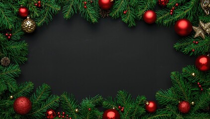 Creative winter wreath arrangement featuring evergreen branches and red holiday ornaments on a dark backdrop. Elegant gold Christmas decor, flat lay from above with space for text.