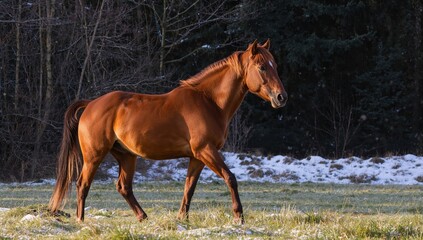 Portrait of a chestnut horse strolling in a snowy paddock
