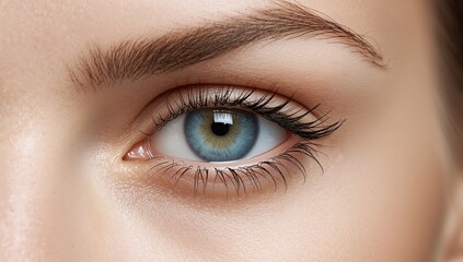 Obraz premium Detailed view of a beautiful female's blue eye featuring subtle makeup, looking directly into the lens.