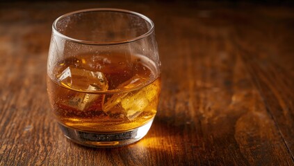 Detailed shot of a whiskey glass filled with ice on a rustic wooden surface