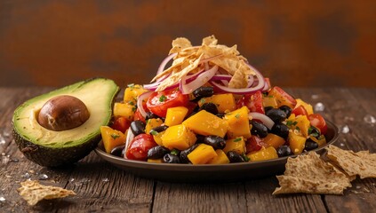 Nutritious salad featuring avocado, mango, black beans, tomatoes, red onions, and crunchy tortilla chips