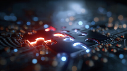 Digital Circuitry: A close-up showcases an intricate digital circuit, highlighted by drops of liquid, symbolizing the dynamic flow of information and technological innovation.