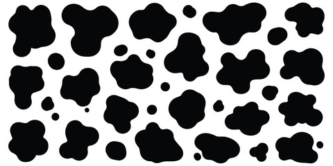 Black Cow Spots or Abstract Ink Splatter Vector Set. Collection of Various Organic Shapes, Blobs, and Stains for Seamless Texture and Background Design. Concept for Dairy, Farm, and Grunge Art.