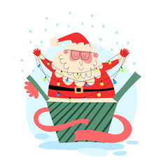 Vector image of a cute Santa Claus with a cup of warm tea walking through the snow, holding a donut in his hands. Santa Claus is climbing out of a gift box. Santa Claus is carrying gifts.
