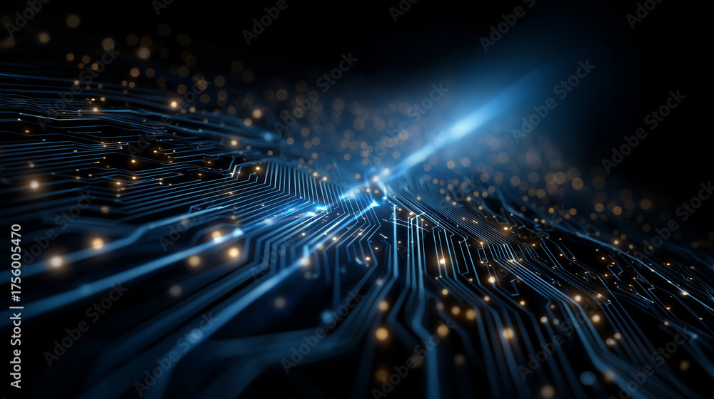 Wall mural digital pathways: an artistic rendering of a circuit board pulses with vibrant light, symbolizing th