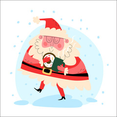 Vector image of a cute Santa Claus with a cup of warm tea walking through the snow, holding a donut in his hands. Santa Claus is climbing out of a gift box. Santa Claus is carrying gifts.