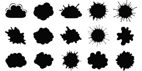 Black Ink Splatter and Paint Stain Silhouette Vector Set. Collection of Abstract Shapes, Grunge Marks, and Liquid Blots. Concept for Graphic Backgrounds, Urban Design, Art, and Dirty Textures.