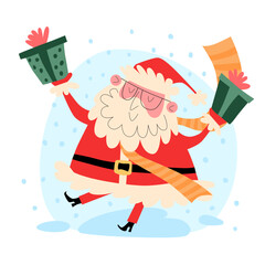 Vector image of a cute Santa Claus with a cup of warm tea walking through the snow, holding a donut in his hands. Santa Claus is climbing out of a gift box. Santa Claus is carrying gifts.