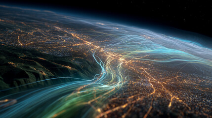 Global Networks Illuminated: An artistic depiction of Earth's interconnectedness unfolds, with swirling light trails tracing pathways across continents.
