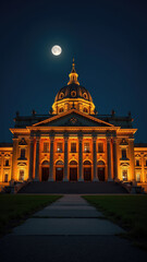 South African Parliament illuminated at night with strategic architectural lighting. Elegantly illuminated historic building in night Cape Town.
