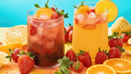 Refreshing chilled drinks crafted from strawberries and oranges, loaded with essential vitamins.