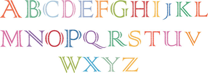 colorful decorative alphabet letters complete set with vintage floral patterns and whimsical textured typography design collection isolated on white background.