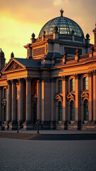 Reichstag building during golden sunset. Historical Reichstag bathed in golden sunset rays.