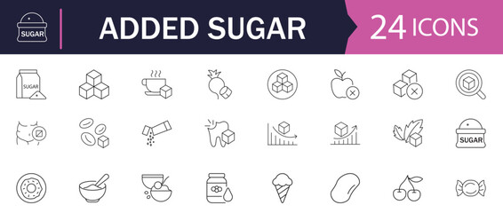 Sugar Line Icon set. Features icons of diabetes, increase, insulin and obesity. Perfect for nutrition apps, health blogs, and food packaging.
