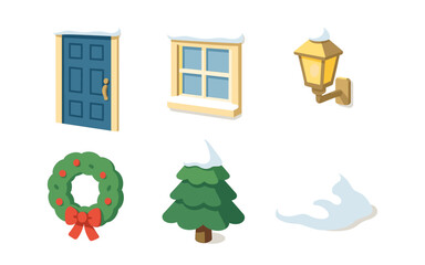 Fototapeta premium Winter scene elements with door, window, and seasonal decor in isometric style