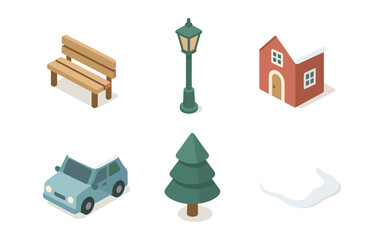 Naklejka premium Winter isometric icons featuring bench, lamp post, house, car, tree, and snow
