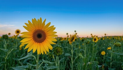 Fototapeta premium Stunning golden sunflower standing tall in a meadow, floral scenery at dusk during the warm season