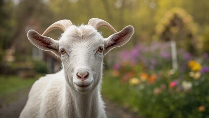 Obraz premium Goat's head featuring white horns set before a soft-focused natural background