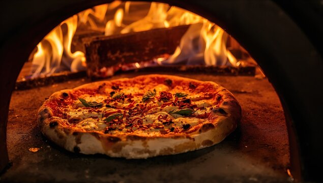A pizza cooking in a blazing wood-fired oven