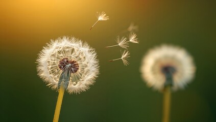 Obraz premium Glowing backdrop featuring a dandelion dispersing its seeds amidst soft bokeh lights