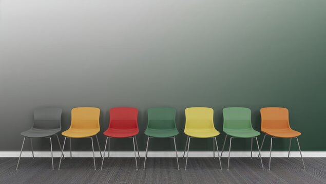 Contemporary chairs set against a smooth grey gradient backdrop for interior or visual design purposes. A uniquely colored chair symbolizes recruitment opportunities. - Powered by Adobe