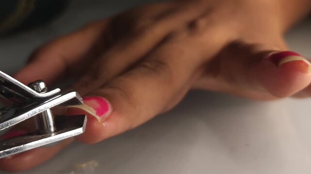 Using nail cutters to trim fingernails close up.