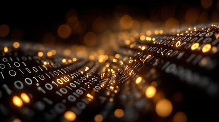 Binary Code Sparkles: A close-up perspective unveils a mesmerizing flow of binary code illuminated with radiant particles, illustrating the digital realm's intricacy and data's dynamic movement.