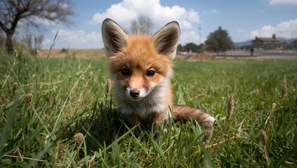 Obraz premium A young fox nestled in the grassy field