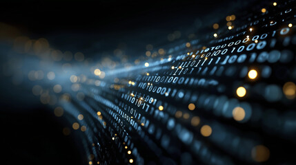 Digital Data Stream: An abstract representation of data streaming through cyberspace, featuring binary code in a flowing pattern, enhanced by a cool, modern, and futuristic aesthetic.