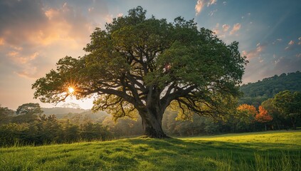 A solitary tree stands before a woodland scene during summer with blue skies and grassy terrain.