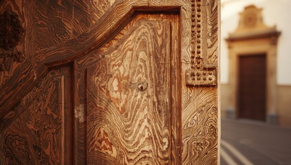Fototapeta premium Close-up view of a vintage wooden door showcasing intricate patterns and textures