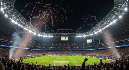 Football stadium full of fans with confetti and streamers during night match under floodlights. Aerial panoramic view of soccer field and stands. Sports celebration and championship concept for banner