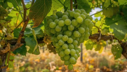 Cluster of ripe grapes hanging in the vineyard, summer season with green leaves and natural beauty