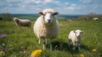 Obraz premium A close-up of a sheep standing in a natural meadow among its flock.