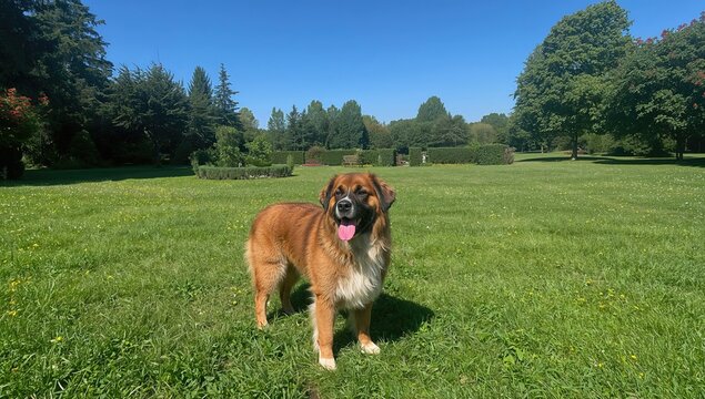 A big, fluffy dog of mixed breed in a spacious garden area