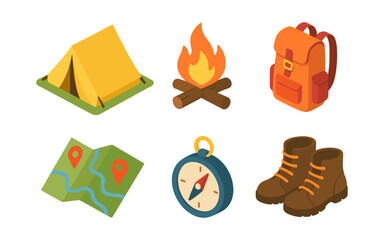 Fototapeta premium Outdoor adventure icons: camping gear and hiking essentials in flat design