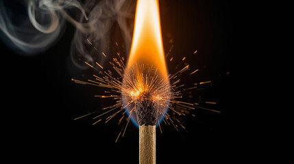 A lit matchstick with a bright flame and smoke against a dark background