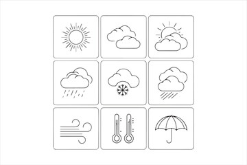 Weather forecast icon set collection of hand drawn symbols for sun, cloud, rain, snow, temperature, and umbrella design