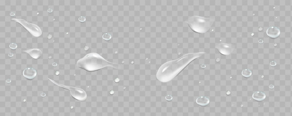 White condensation drops with realistic wet texture on a transparent surface.