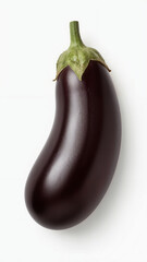 A single, beautiful glossy purple eggplant with a green stem. Vegetable is placed on a plain white background