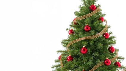 Fototapeta premium Elegant pine tree decorated with red ornaments on a plain white backdrop
