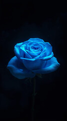 A single blue rose with velvety petals against a dark background