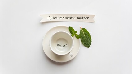 Empty teacup with mint leaves and text refresh on a white saucer